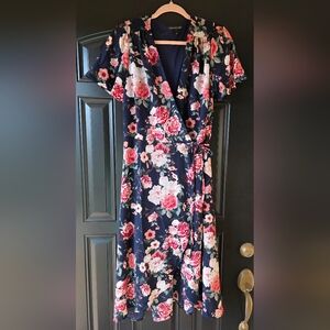 Floral Chris McLaughlin  Wrap Midi Dress - Navy with Pink Rose Print Size 10